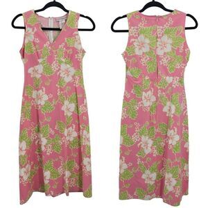 90's Cadwick's Midi Dress 6 Pink Cotton Sleeveless V Floral‎ Tropical Hostess